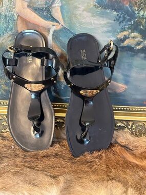 MICHAEL Michael Kors Black Patent Jelly Thong Sandals with Gold Logo
